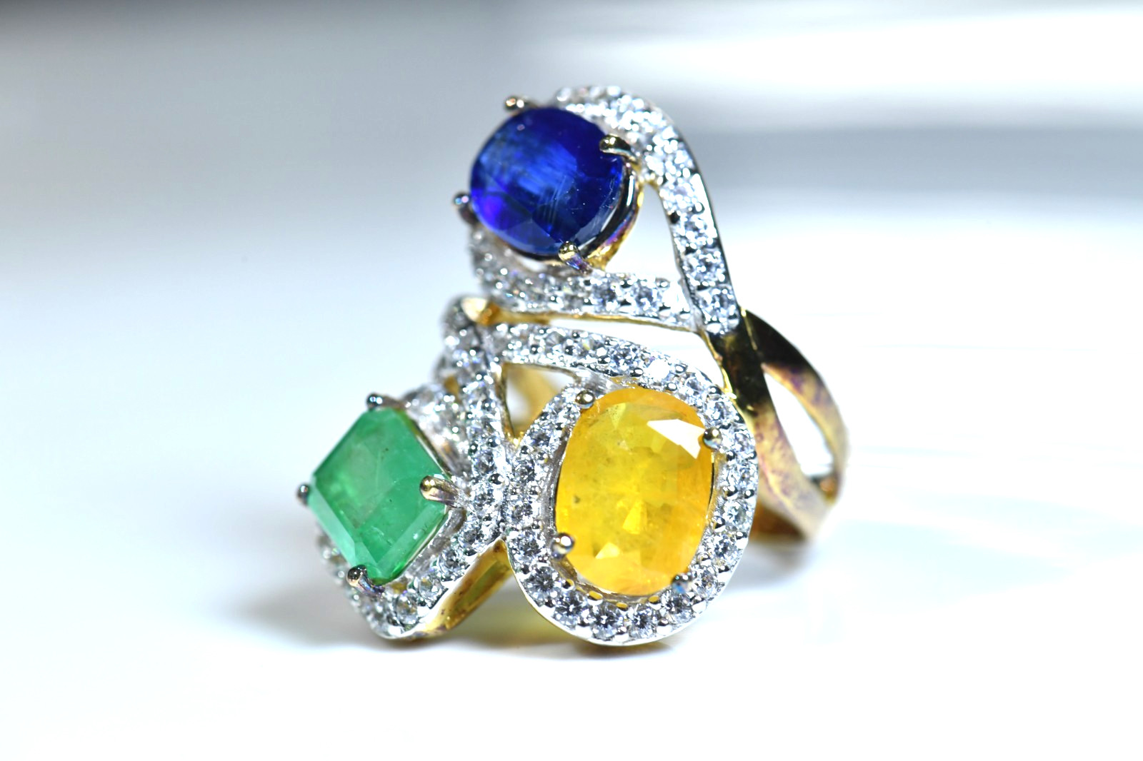 3 Stone Multi Gemstone Ring Emerald, Kyanite, Yellow, Sapphire surrounded CZ