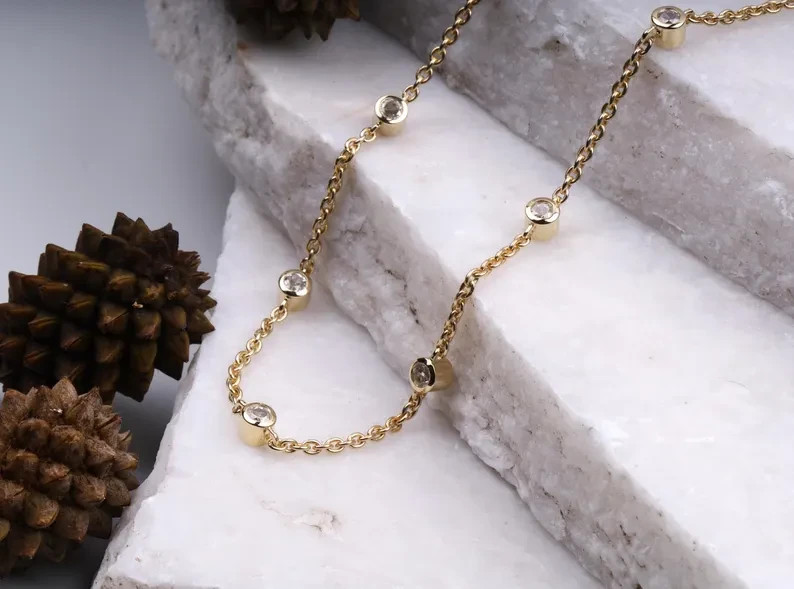 2.00 TCW Round Real Lab created Bezel Filled Necklace In 14k Yellow Gold Plated