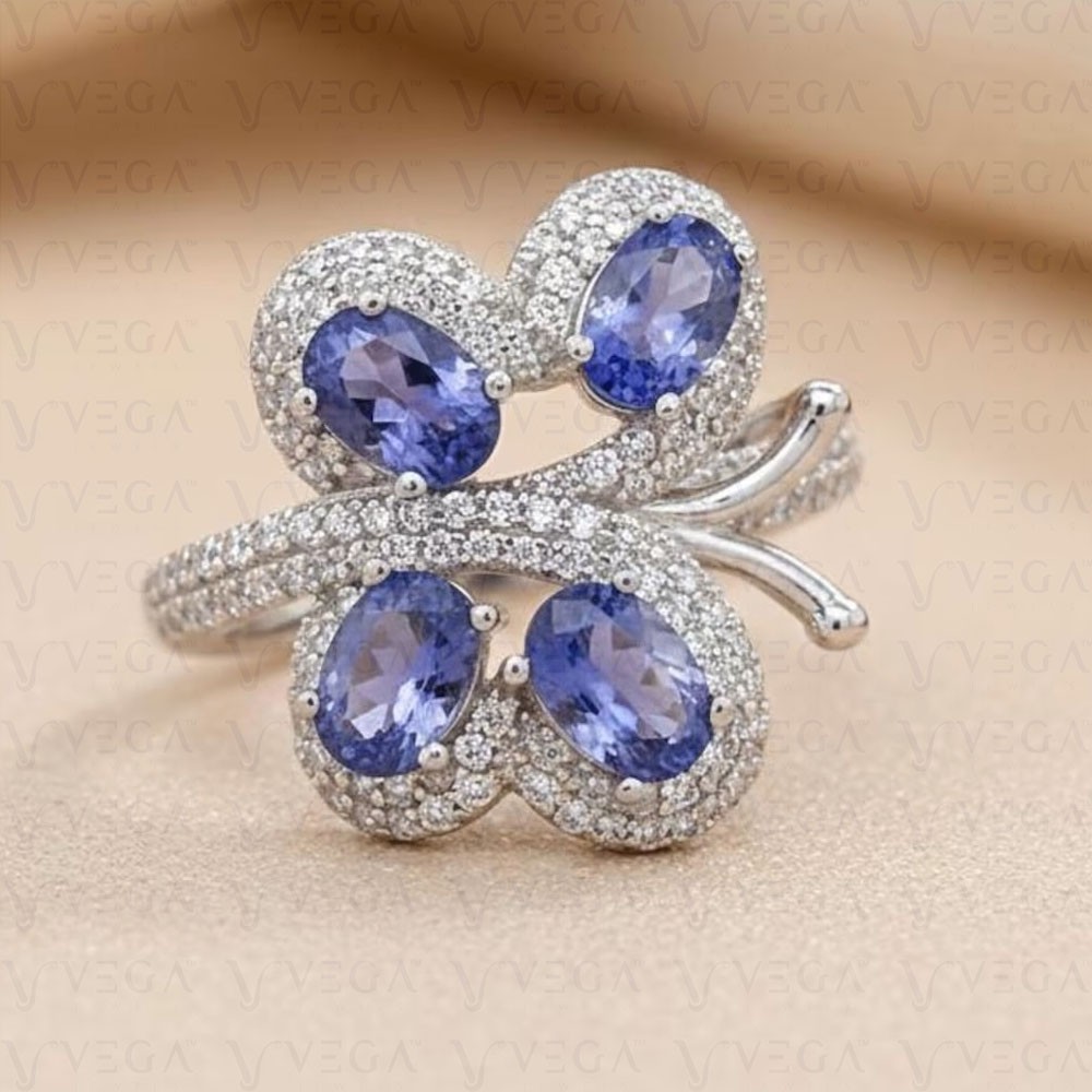 6Ct Oval Cut Natural Tanzanite And Diamond Butterfly Ring 18K White Gold Filled
