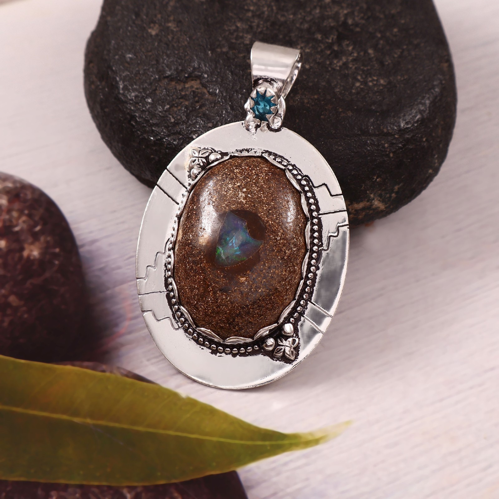 Bolder Opal & Blue Topaz Pendant 925 Sterling Silver Handmade Necklace
