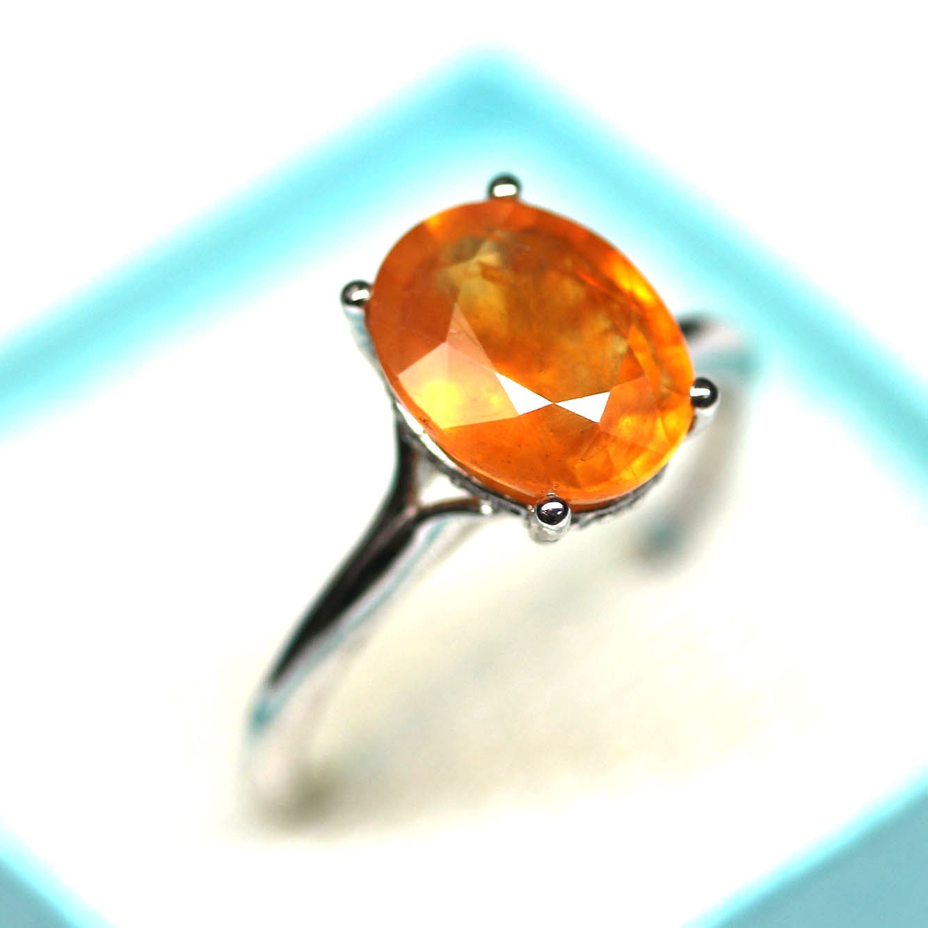 Handmade 925 Silver 9 x 11 mm. Orange Sapphire Ring Size 9 White Gold Plated