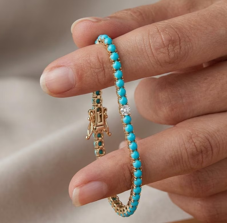 14K Yellow Gold Plated Genuine Turquoise & Moissanite Women’s Tennis Bracelet 7″