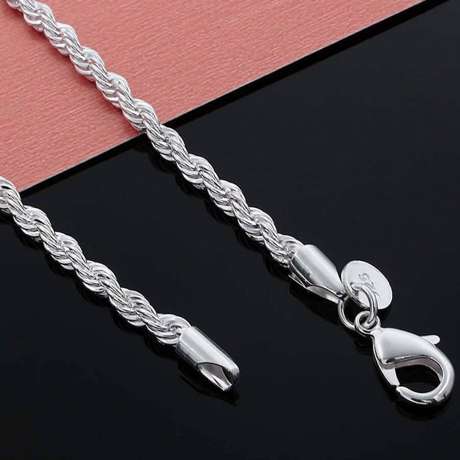 Solid Silver Twisted Rope Chain Necklace 3mm Thick 16″ 18″ 20″ 22″ 24″ 26″ 28″