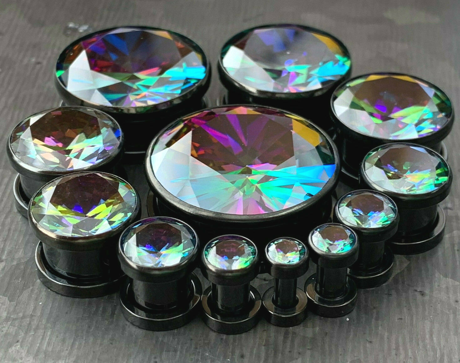 PAIR Large Vitrail Medium Gem Black Screw Fit Tunnels Ear Plugs Earlet Gauges