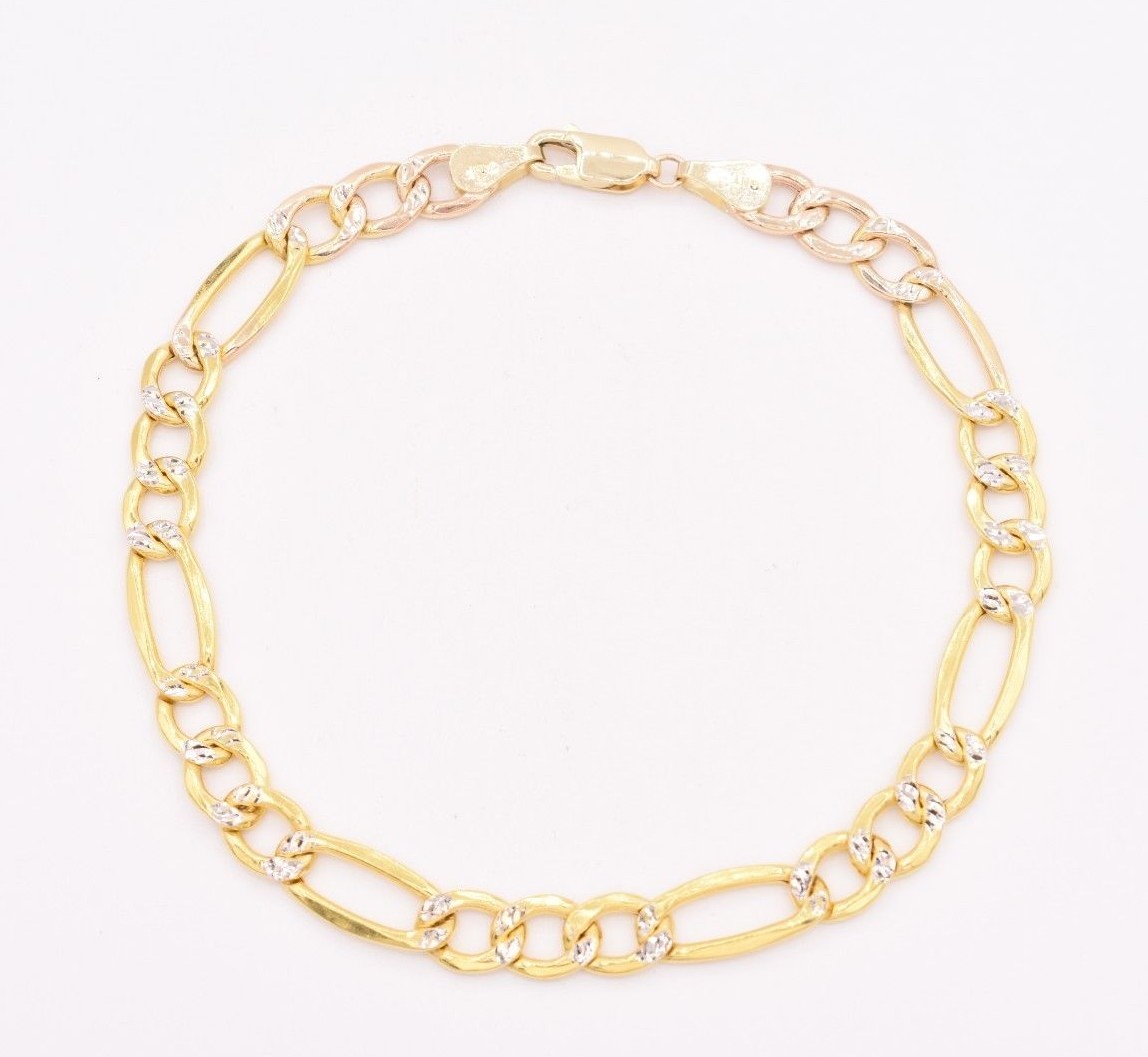 6.5mm Figaro Link Bracelet Pave Two Tone Real Genuine 10K Yellow White Gold