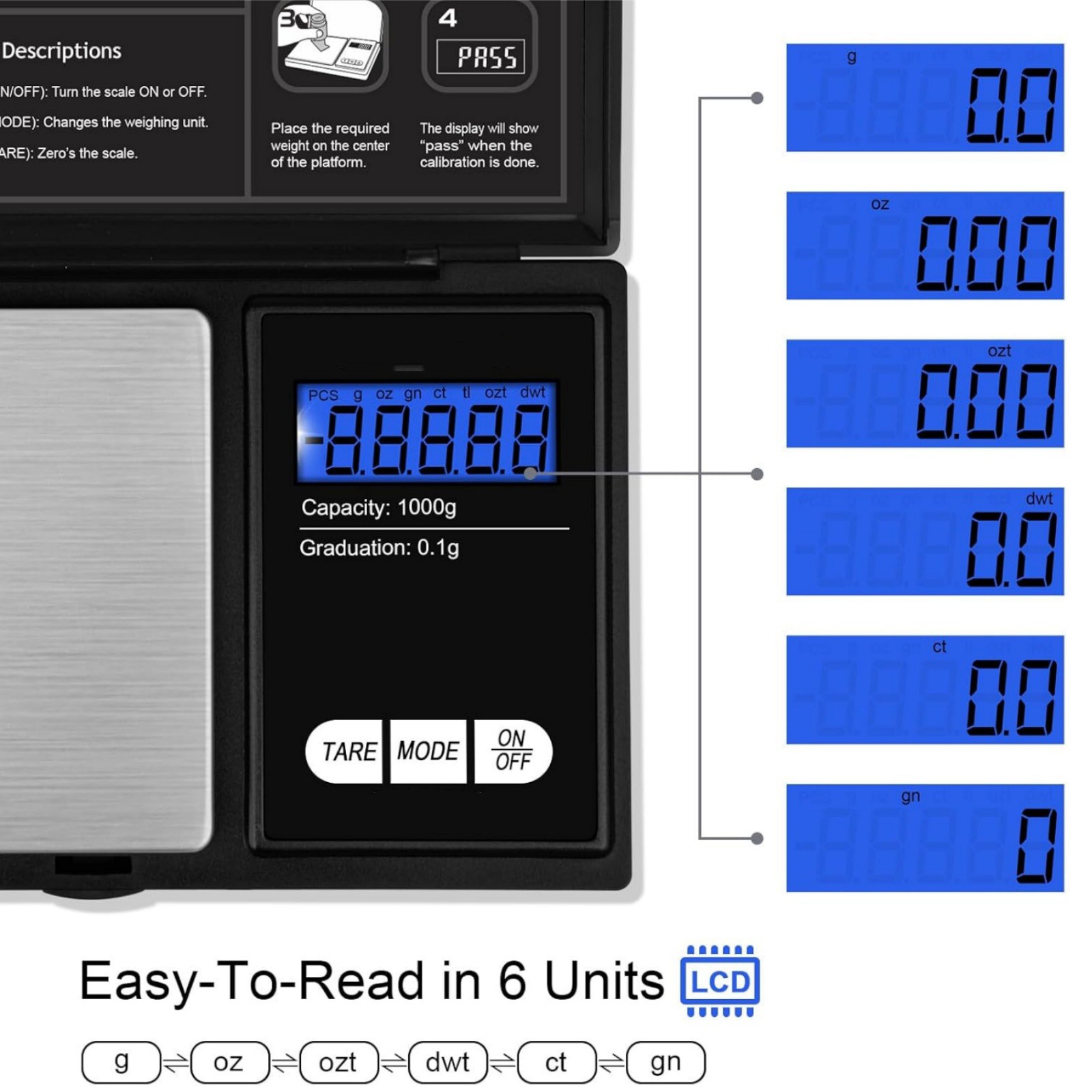 1000g/0.1g Digital Pocket Scale with Stainless Steel Platform for Kitchen Use