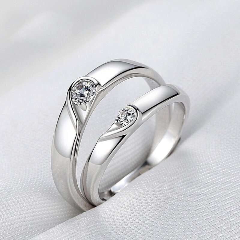2pcs/set 925 Silver Zircon Promise Ring Couple Adjustable Letters Women Men Gift
