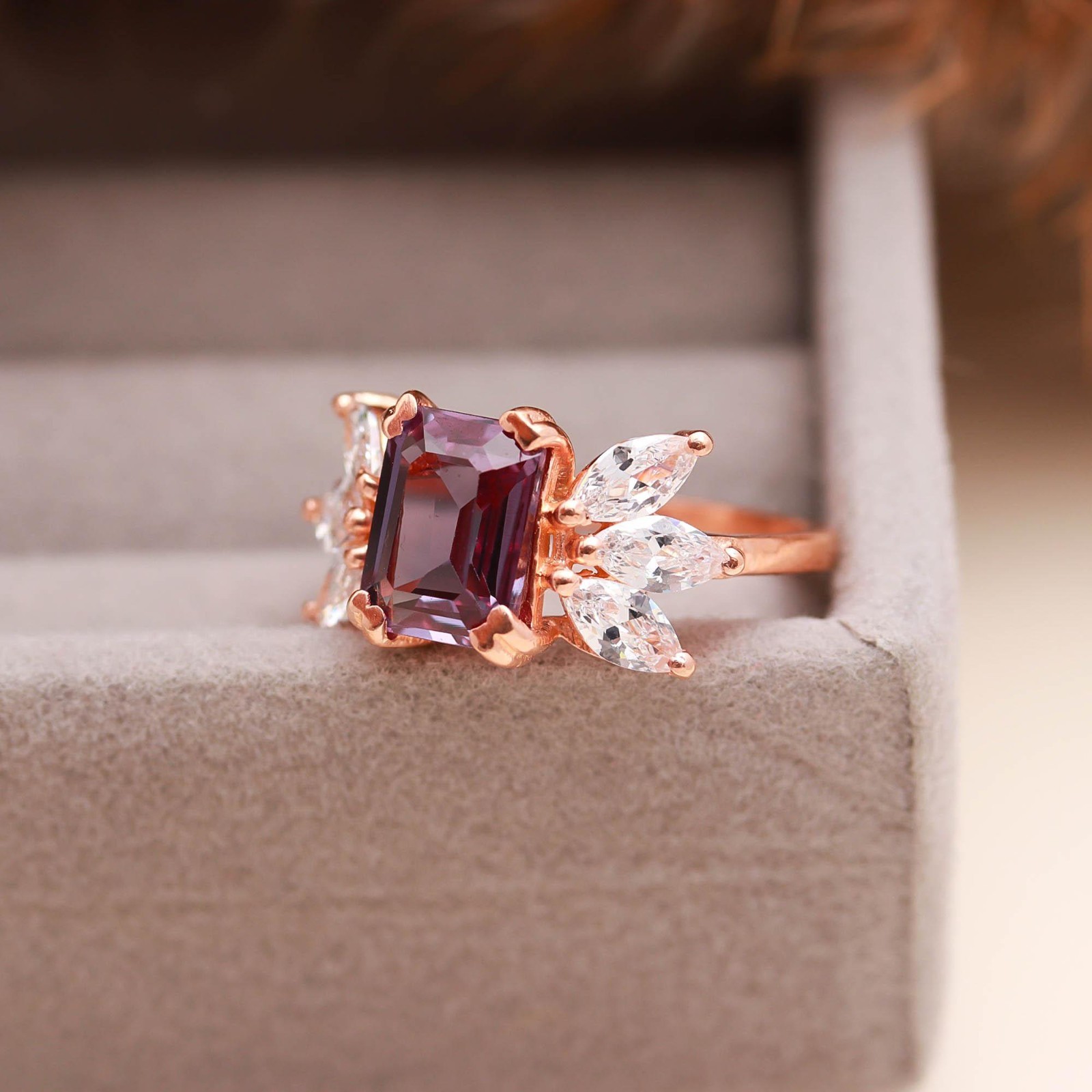Color Changing Alexandrite Octagon Ring Rose Gold Plated Solid Silver Jewelry