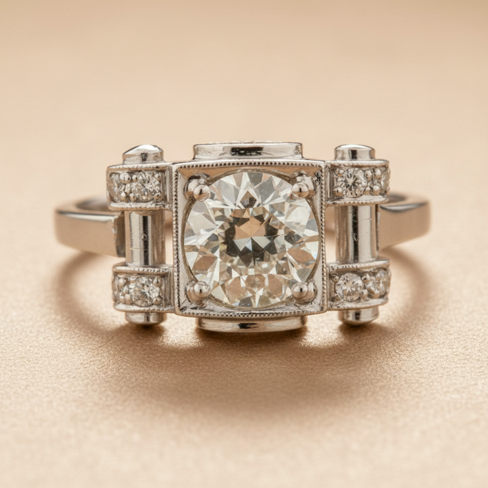 Old European Cut Simulated Diamond 14K Gold Vintage Style Art Deco Wedding Ring