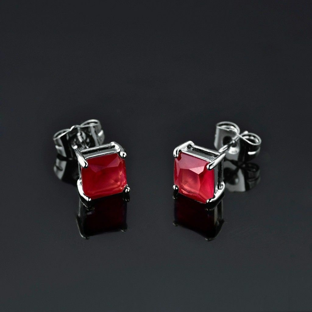 Pretty New 18K White Gold Filled 7mm Princess Cut Ruby Red CZ Stud Earrings
