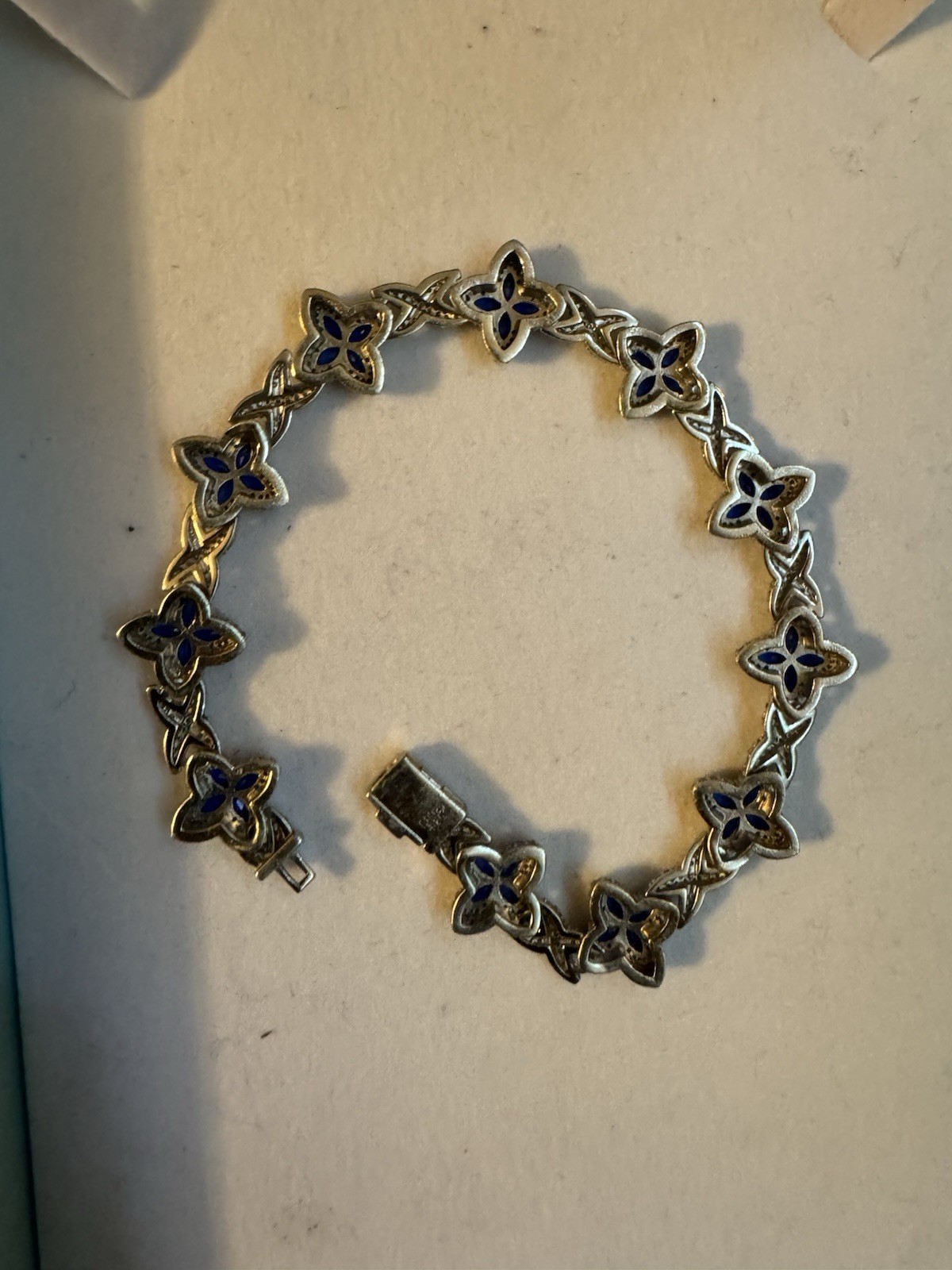 925 Sterling Silver Blue Flower Link Bracelet Box Clasp Signed Stackable