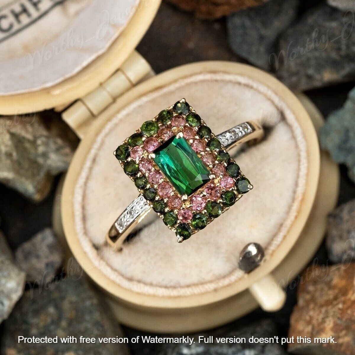 3.00Ct Lab-Created Green Emerald Double Halo Engagement Ring 14K White Gold Over