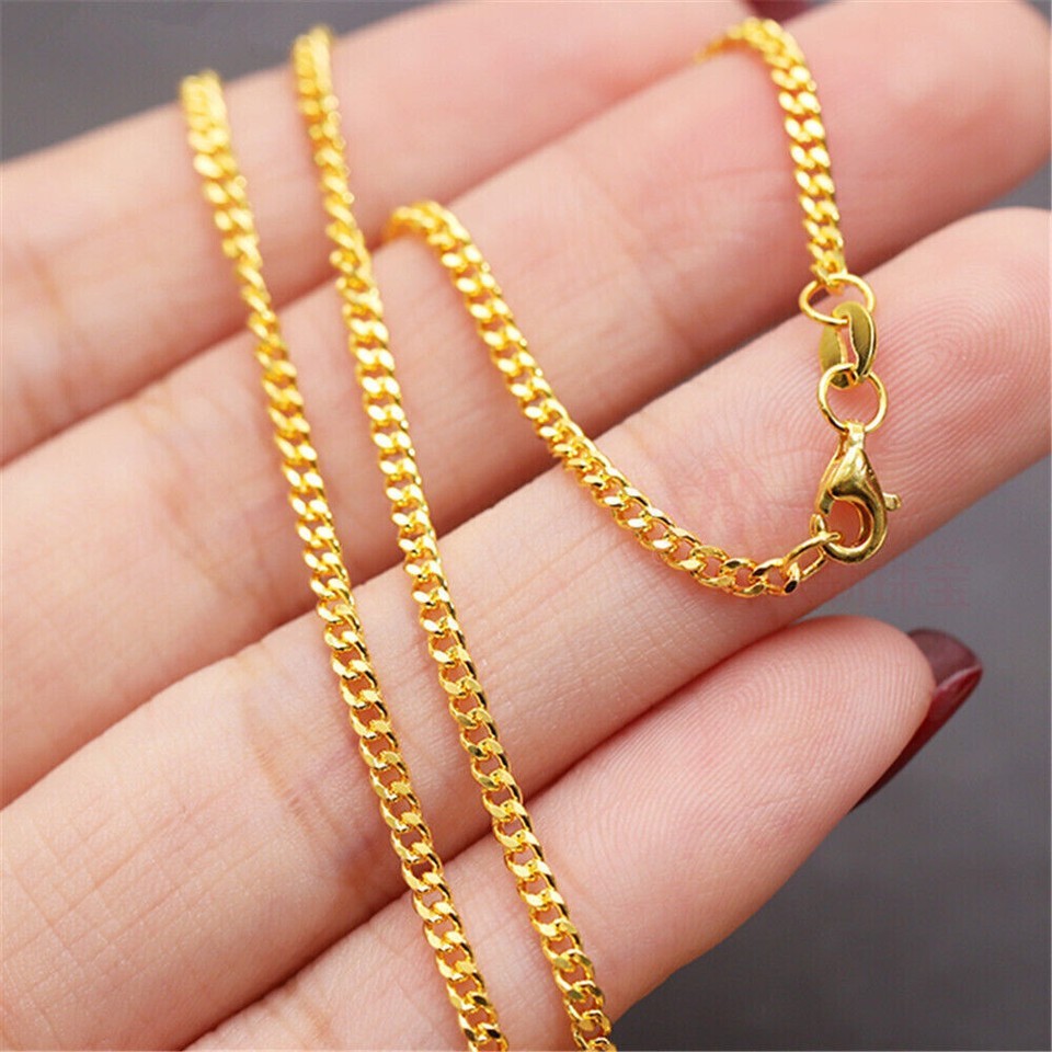 Pure Solid 999 24K Yellow Gold Chain 1.2mm/1.6mm/1.8mm/2mm Curb Link Necklace