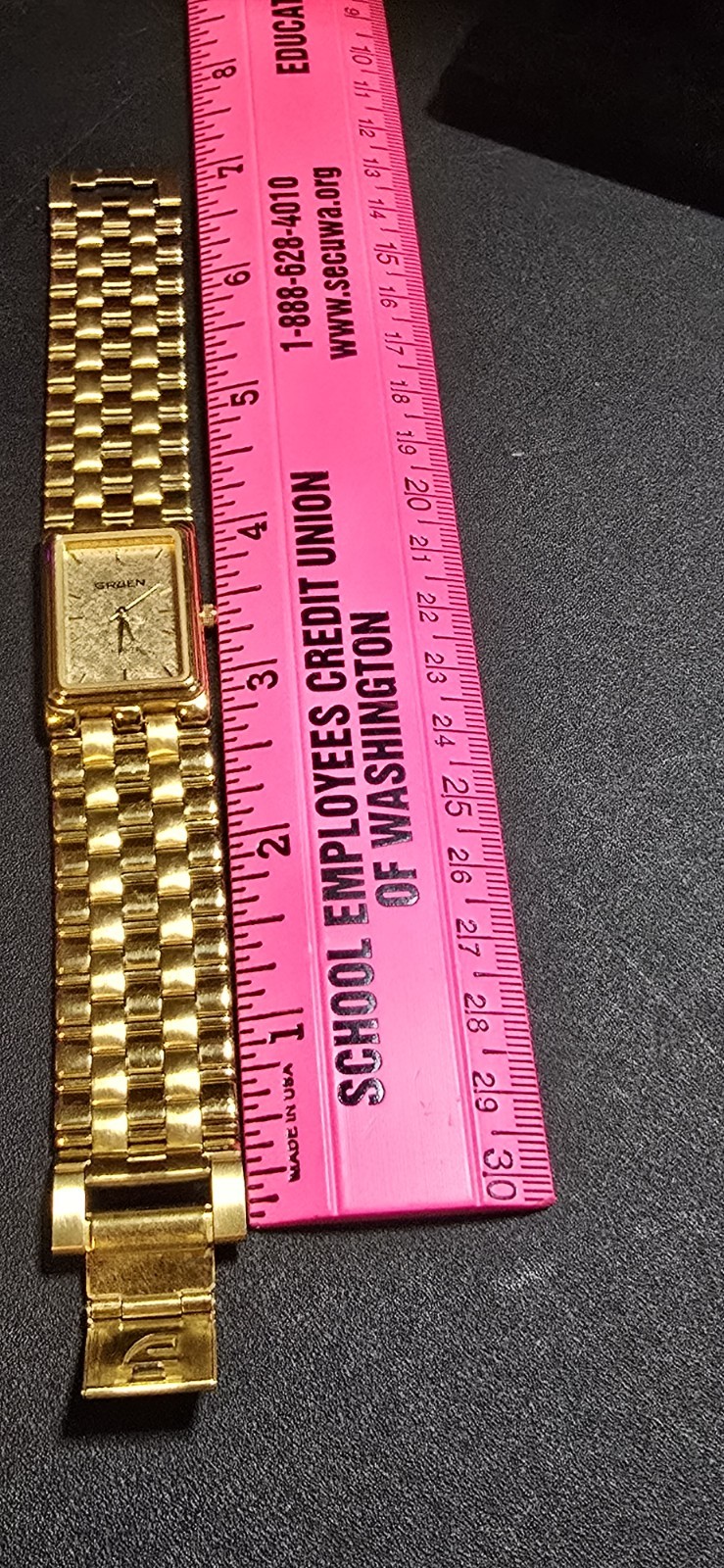 Gruen Gold Tone Quartz Watch Rectangle Case Metal Band Analog Stick Indexes