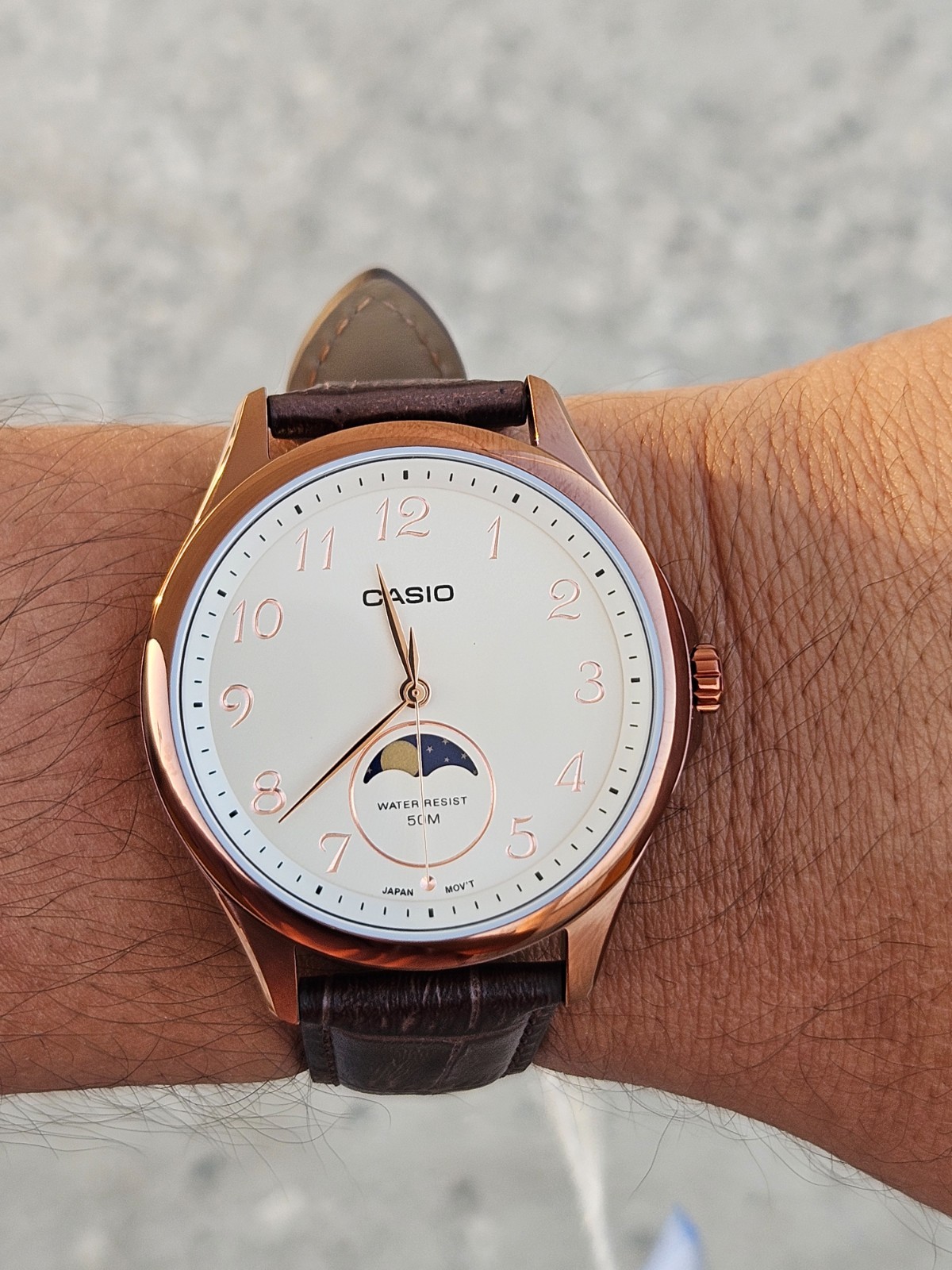 Casio MTP-M110RL-5AVDF Men’s Moon Phase Watch Rose Gold Brown Leather Strap New