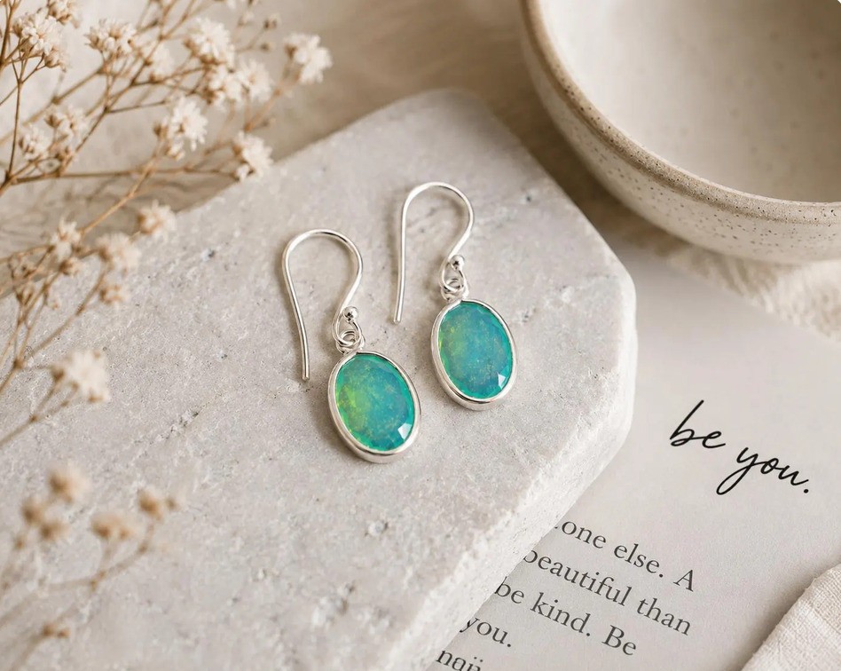 Blue Opal Drop Earrings Aqua Fire Opal Look Jewelry Gift for her