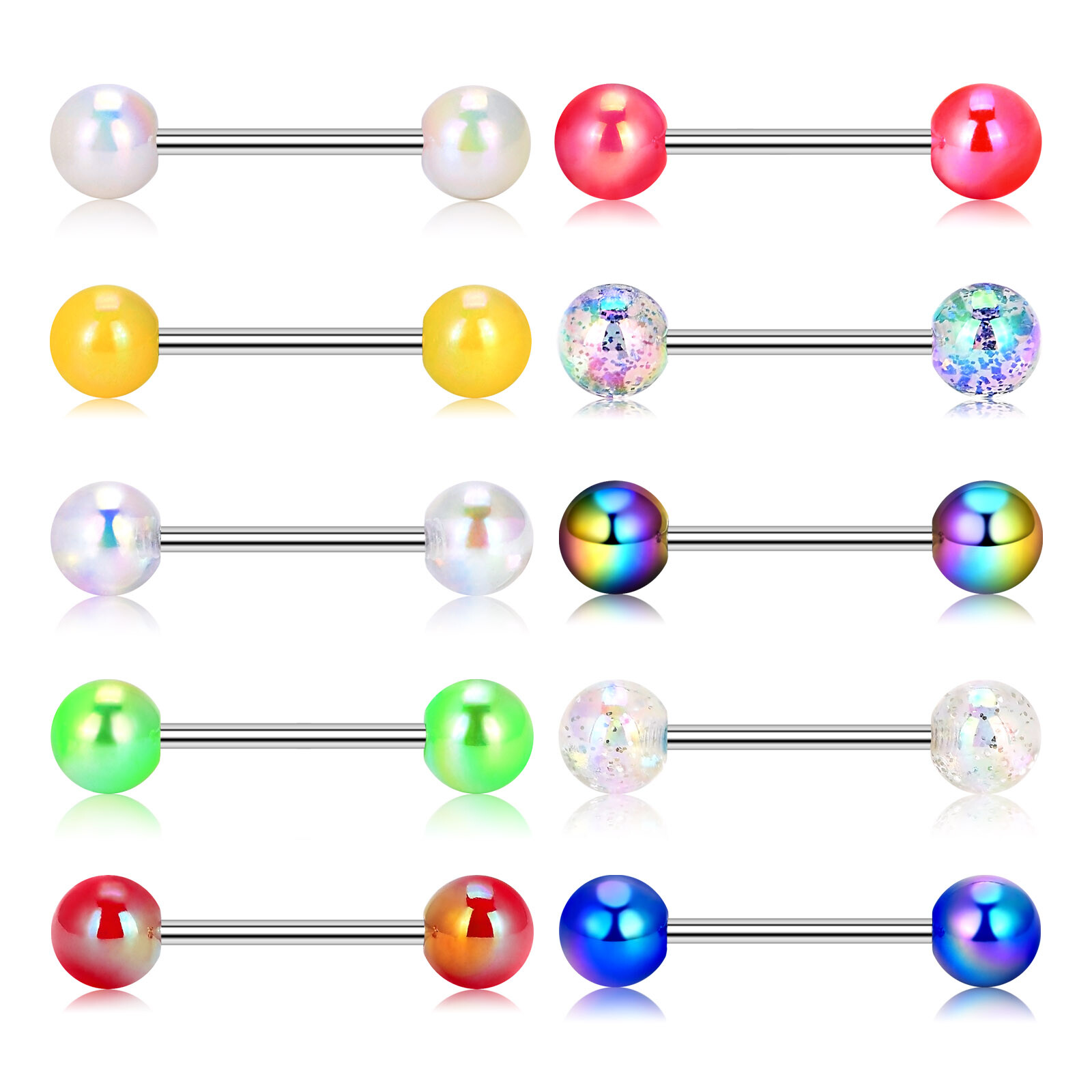 2pcs Colorful Ball Tongue Rings 316L Stainless Steel Barbell Nipple Ring 14G Bar