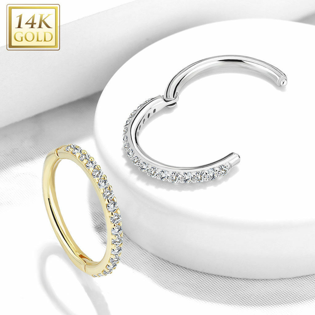 14K Gold CZ Hinged Nose Hoop Ring Tragus Rook Snug Eyebrow Piercing 16G
