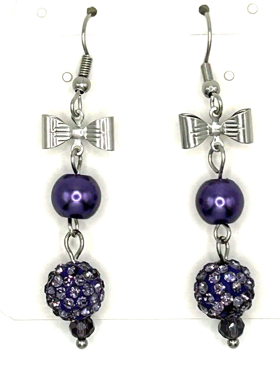 Purple Glass Pearls & Pave Crystals With Bows Beaded Dangle Drop Earrings