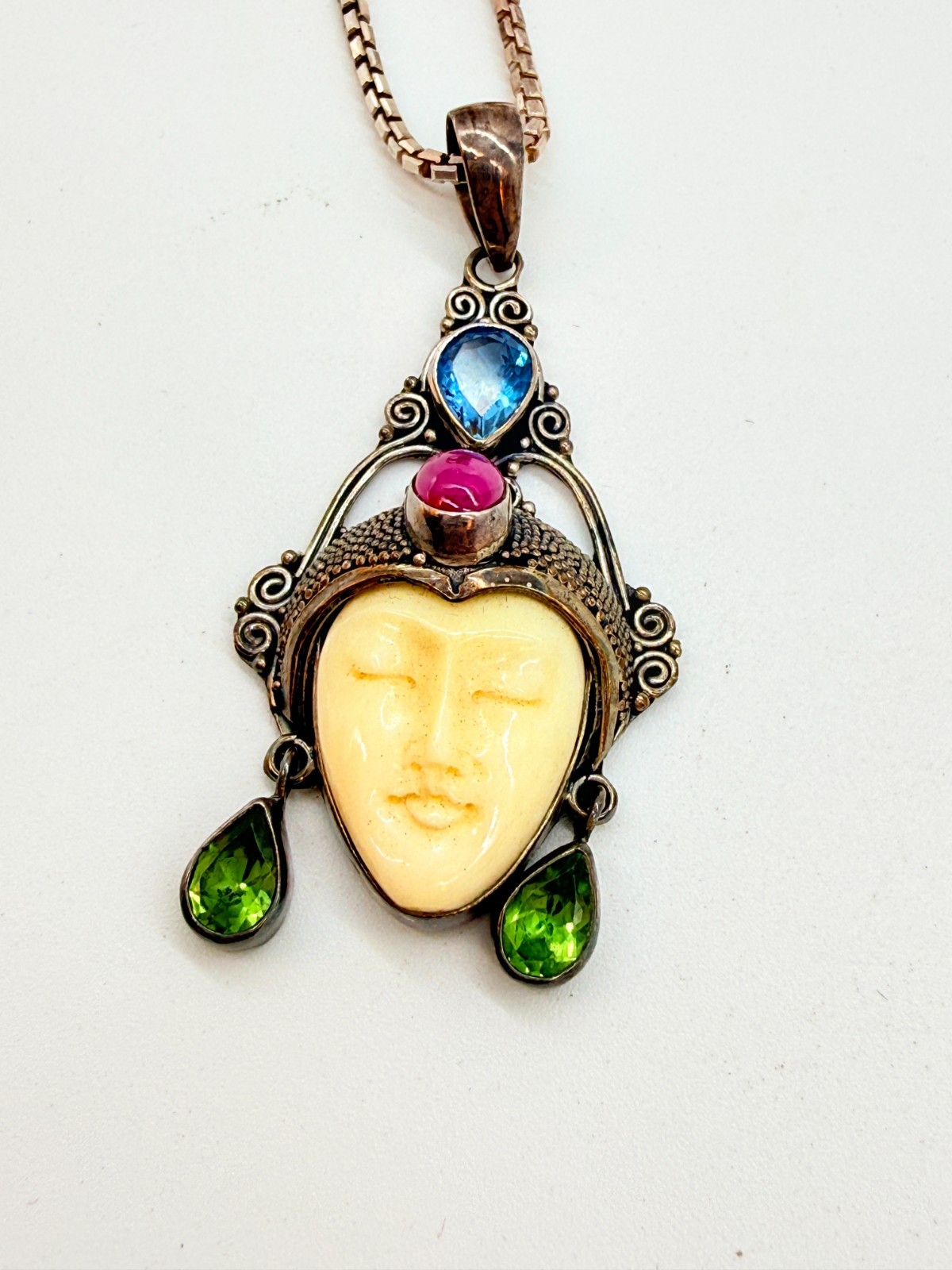 925 Sterling Silver Bali Princess Goddess Face Pendant Necklace Gemstone Italy C