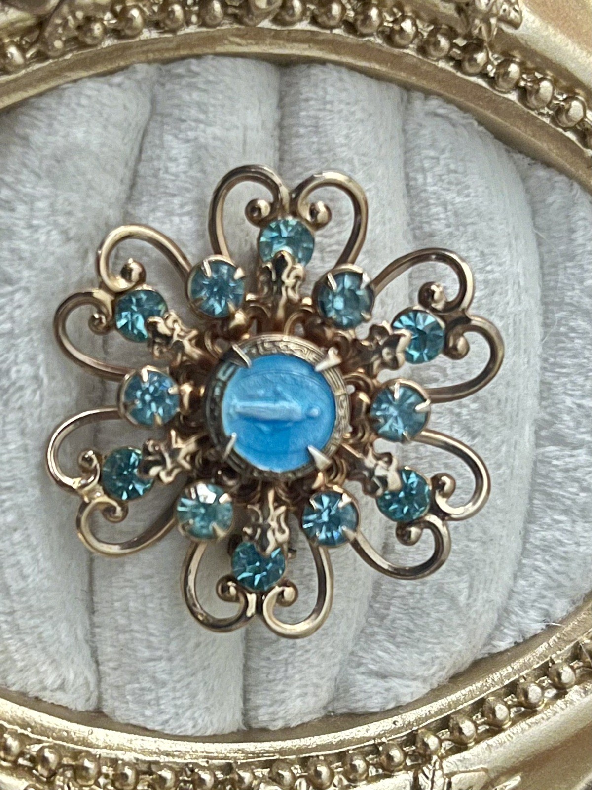 Vintage Mary Brooch Immaculate Conception Blue Rhinestone Religious Vintage