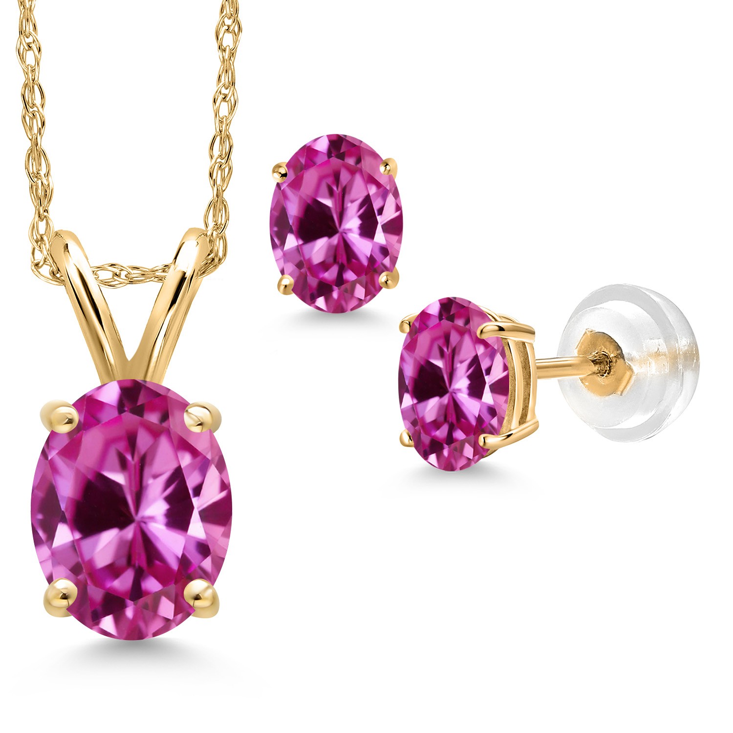 14K Yellow Gold Pink Created Sapphire Pendant Earrings Jewelry Set For Women |