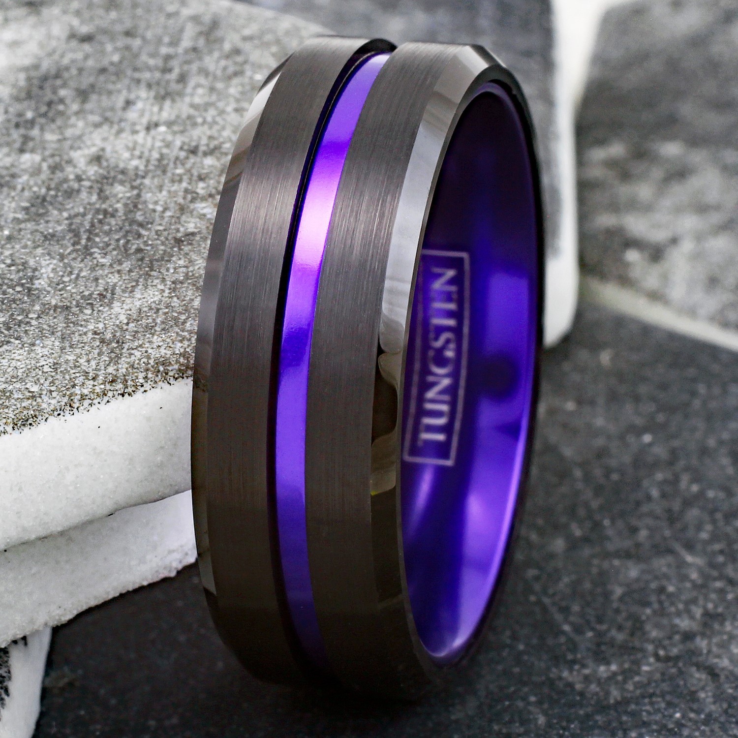 6/8mm Black Tungsten Carbide Ring Purple Stripe Wedding Band -Engraving Avail.