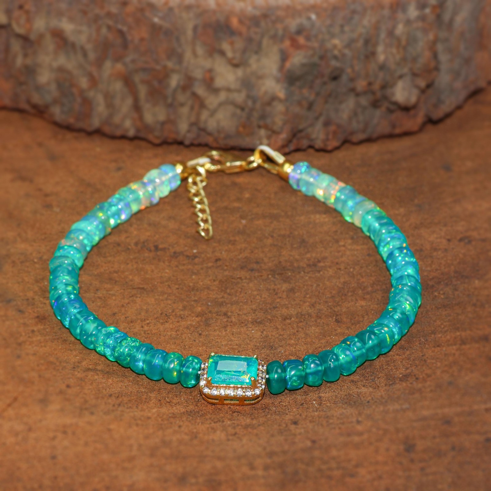 Green Opal Charm Bracelet, Gold Filled, October Birthstone