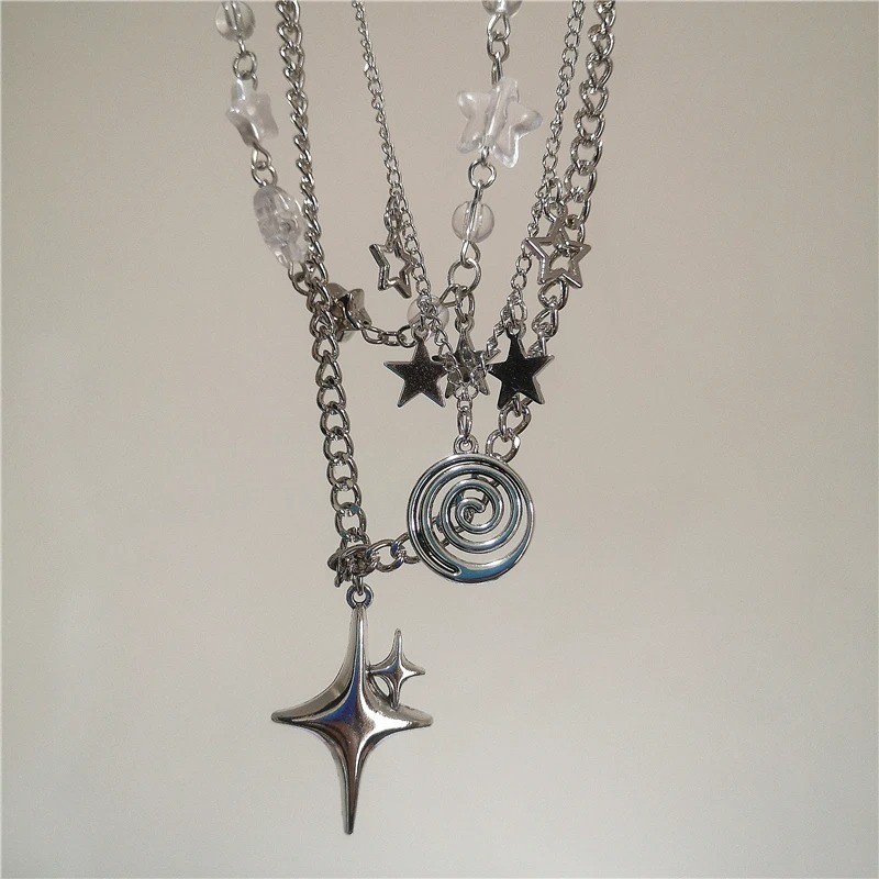 3PCS Punk Silver Star Pendant Layered Chain Necklace Y2K Grunge Unisex