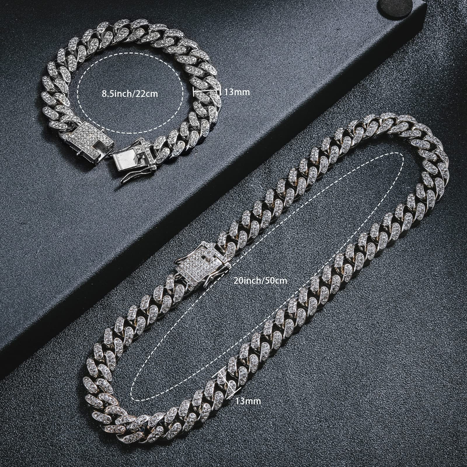 Men’s Cuban Link Chain & Bracelet Set, Silver Iced Out Diamond Hip Hop Jewelry