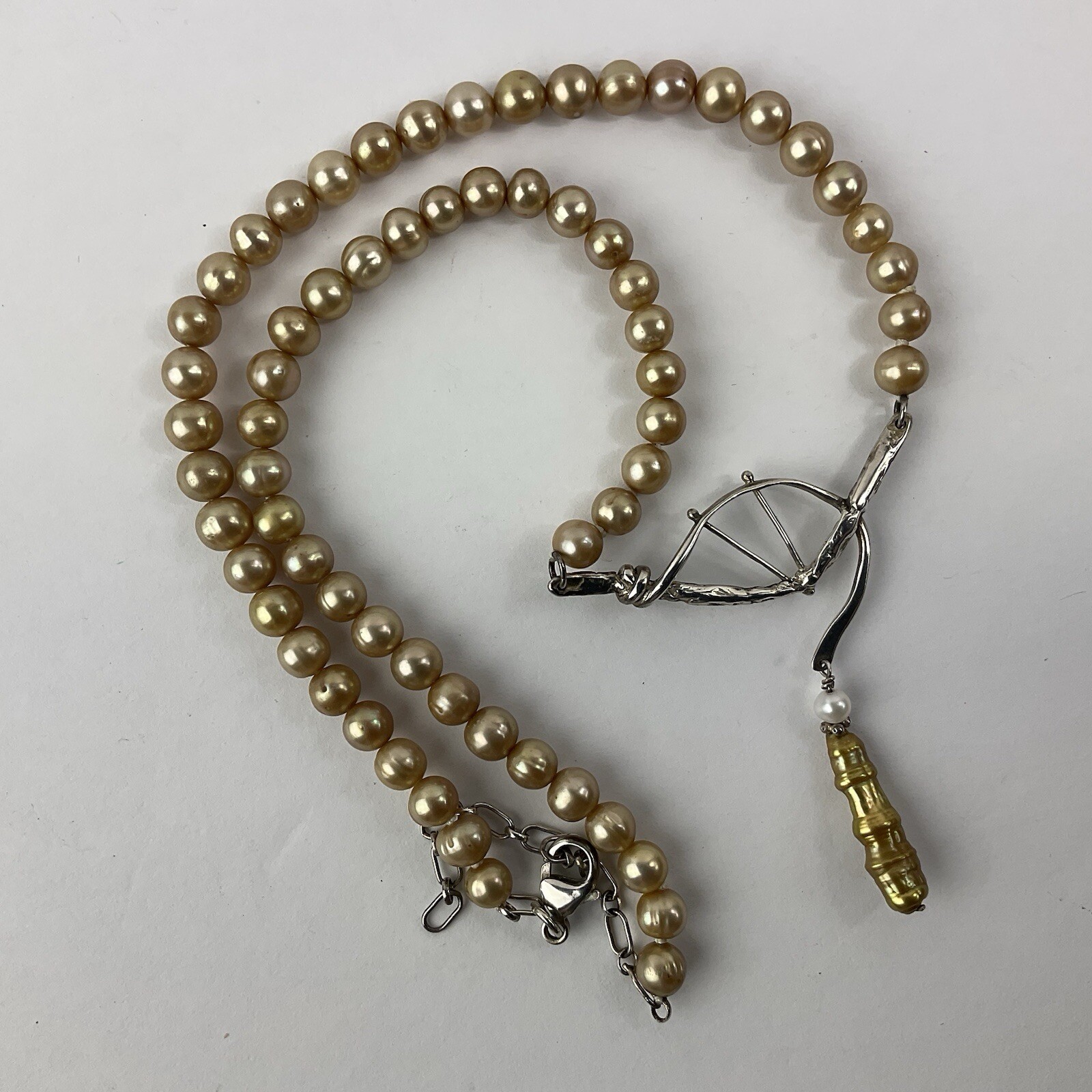 Artisan Sterling Silver Baroque Dangle Pendant Necklace Golden Pearl Near Round
