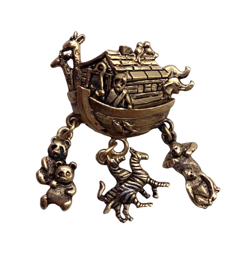 Noahs Ark Pin Brooch Dangle Charms Christian Bible Religious Brass Color Vintage