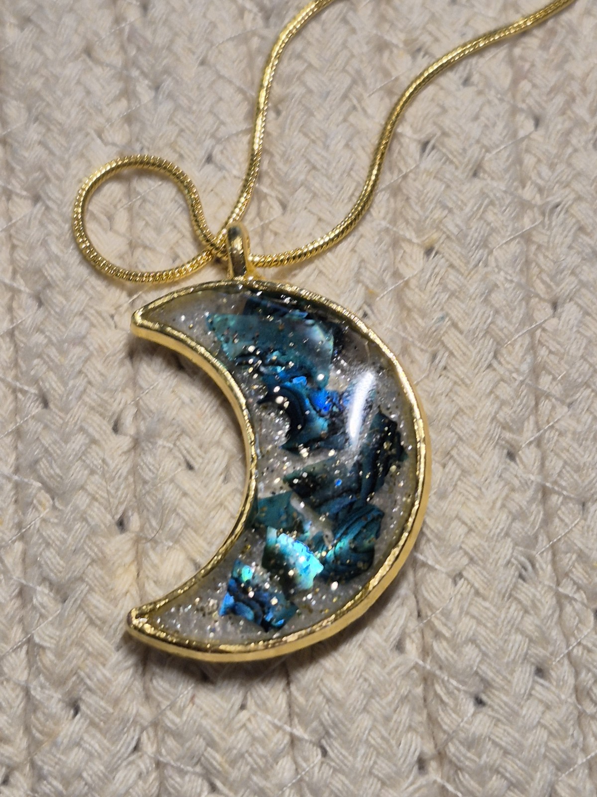 Abalone Blue, Green, Gold Color,Handmade Half Moon Resin Art. 20″ Snake Chain.