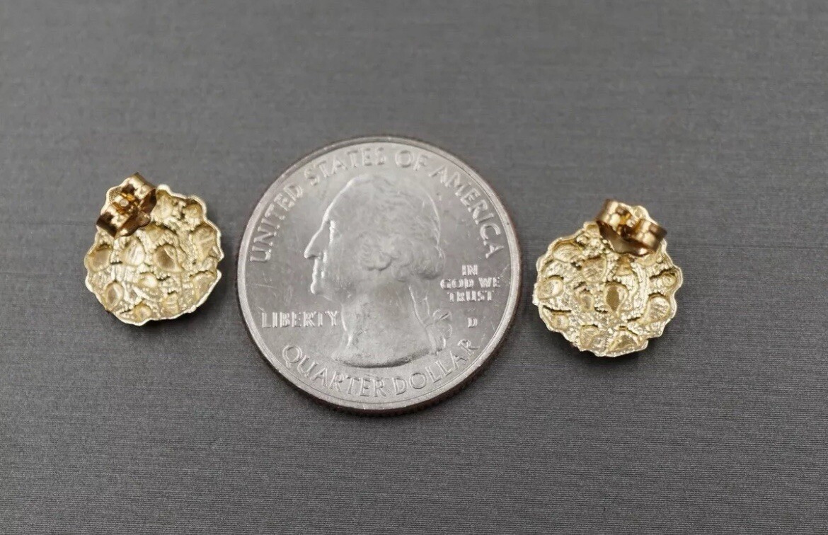 Real 10K Solid Yellow Gold 11.5MM Diamond Cut Round Nugget Stud Earrings.