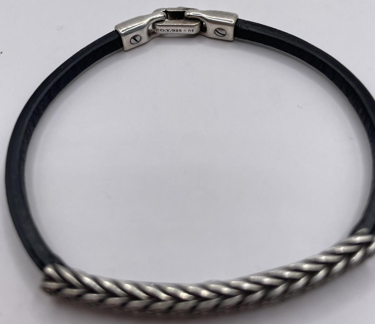 8″ David Yurman Men’s Chevron Leather ID Bracelet with Black Diamond (PD3048242)