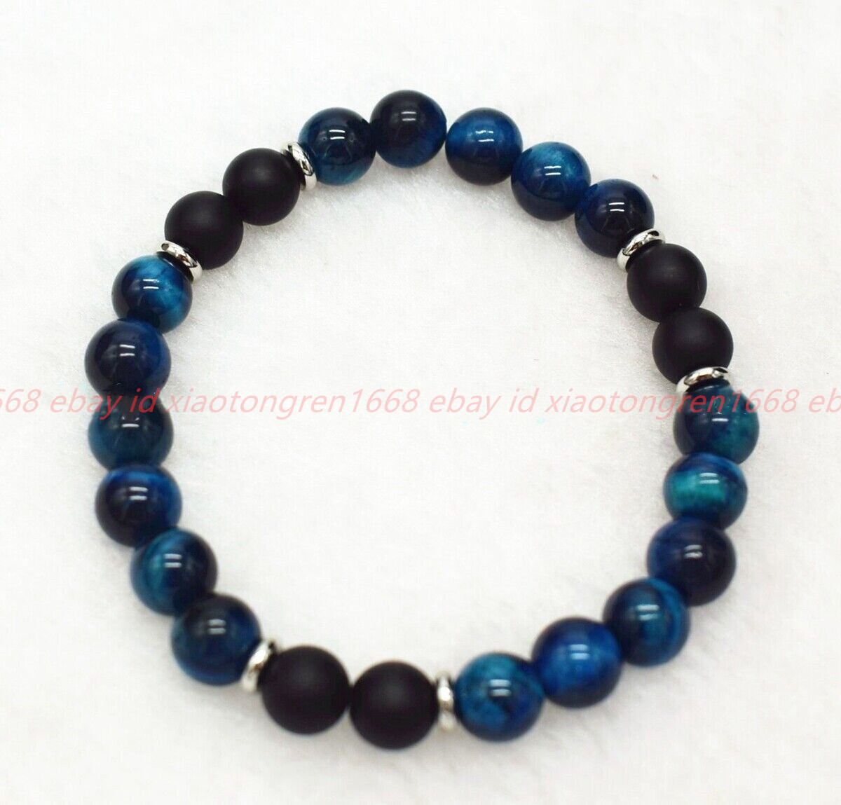 Natural 6/8mm Blue Tiger’s Eye Black Matte Agate Gems Round Beads Bracelet 7-9in