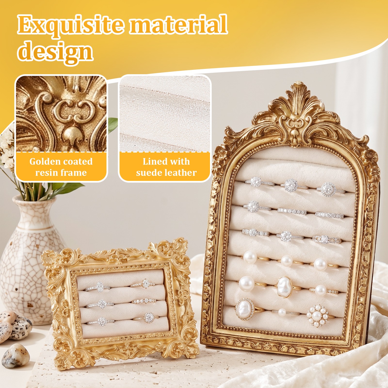 2Pcs Gold Resin Vintage Ring Holder Frame Style Photograph Prop for Women Gift