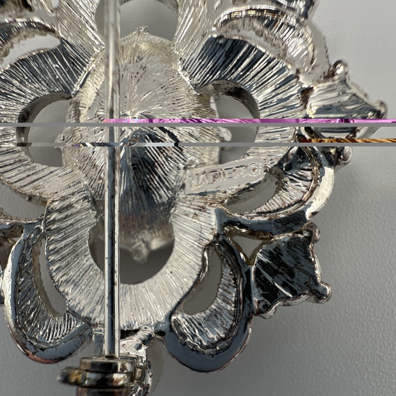 Napier Signed Silver Tone Flower Brooch Pin Amethyst/Rhinestone & Clear Accents