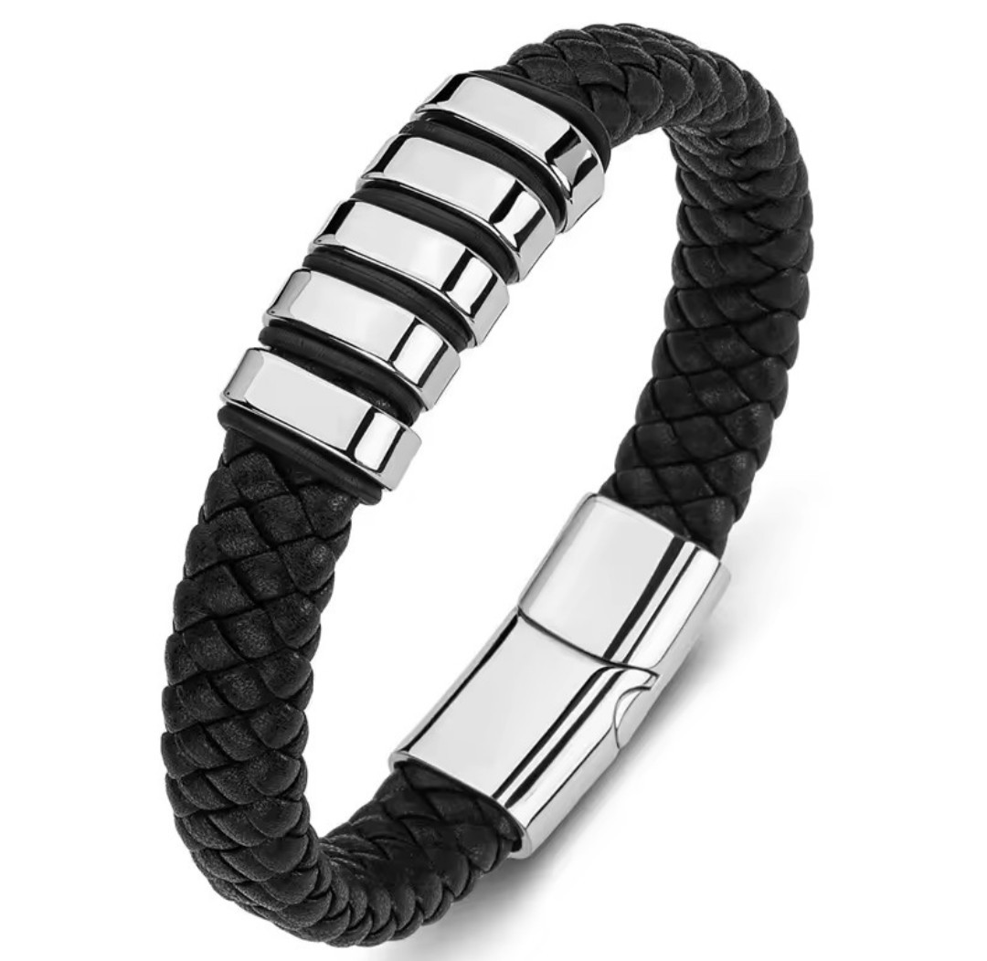 Men’s Genuine Leather Bracelet Stainless Steel Custom Engravings Jewelry