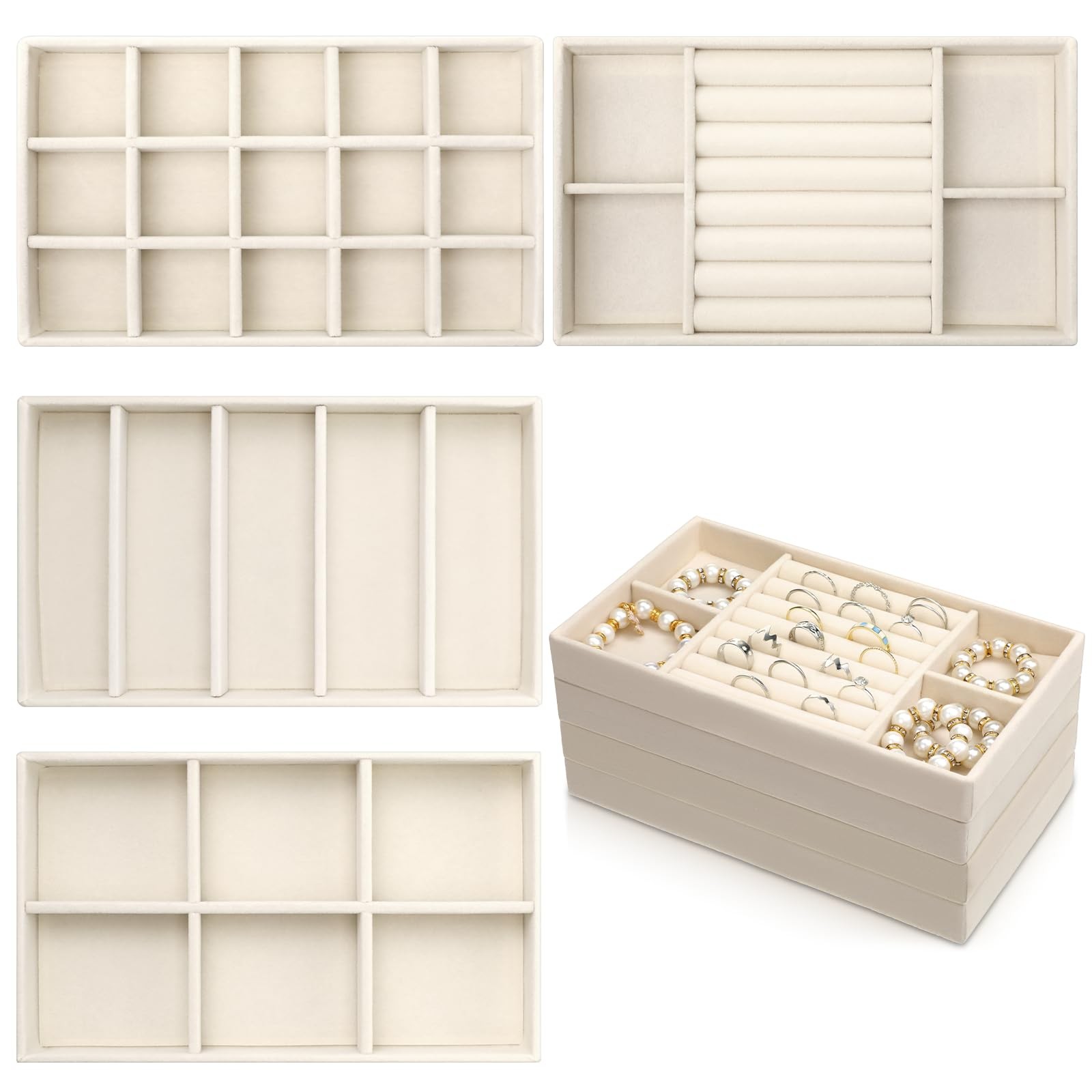 Oqqlin 4 Pcs Stackable Jewelry Organizer Trays, 8 x 5 x 1 Inch Velvet Beige