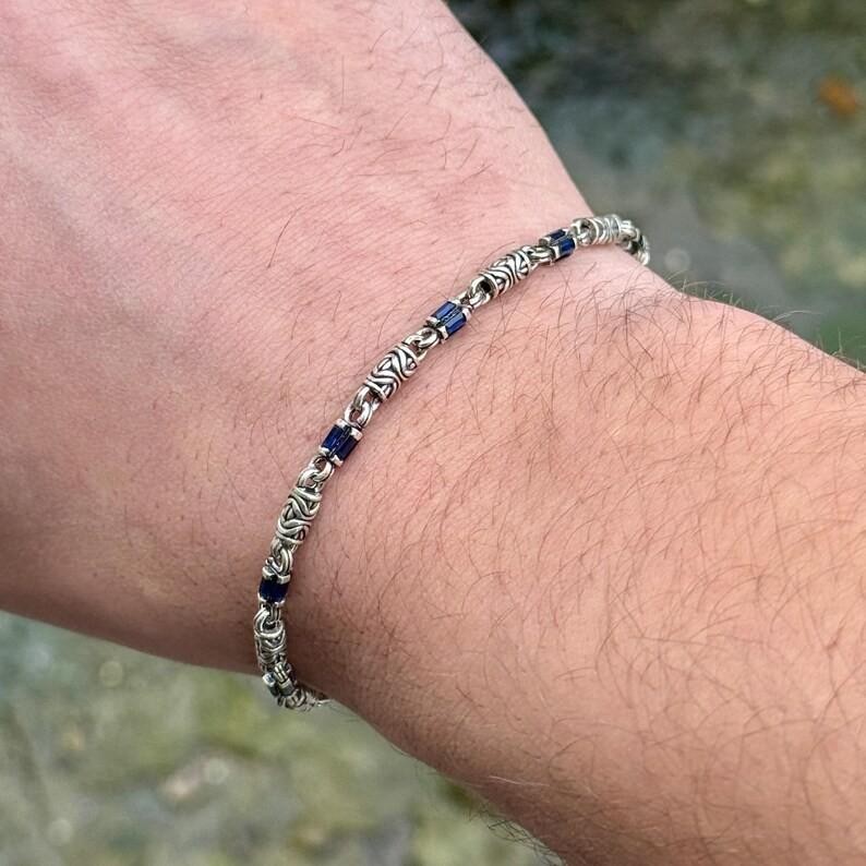 925 Men Silver Sapphire Chain Bracelet Silver Sapphire Gemstone Chain