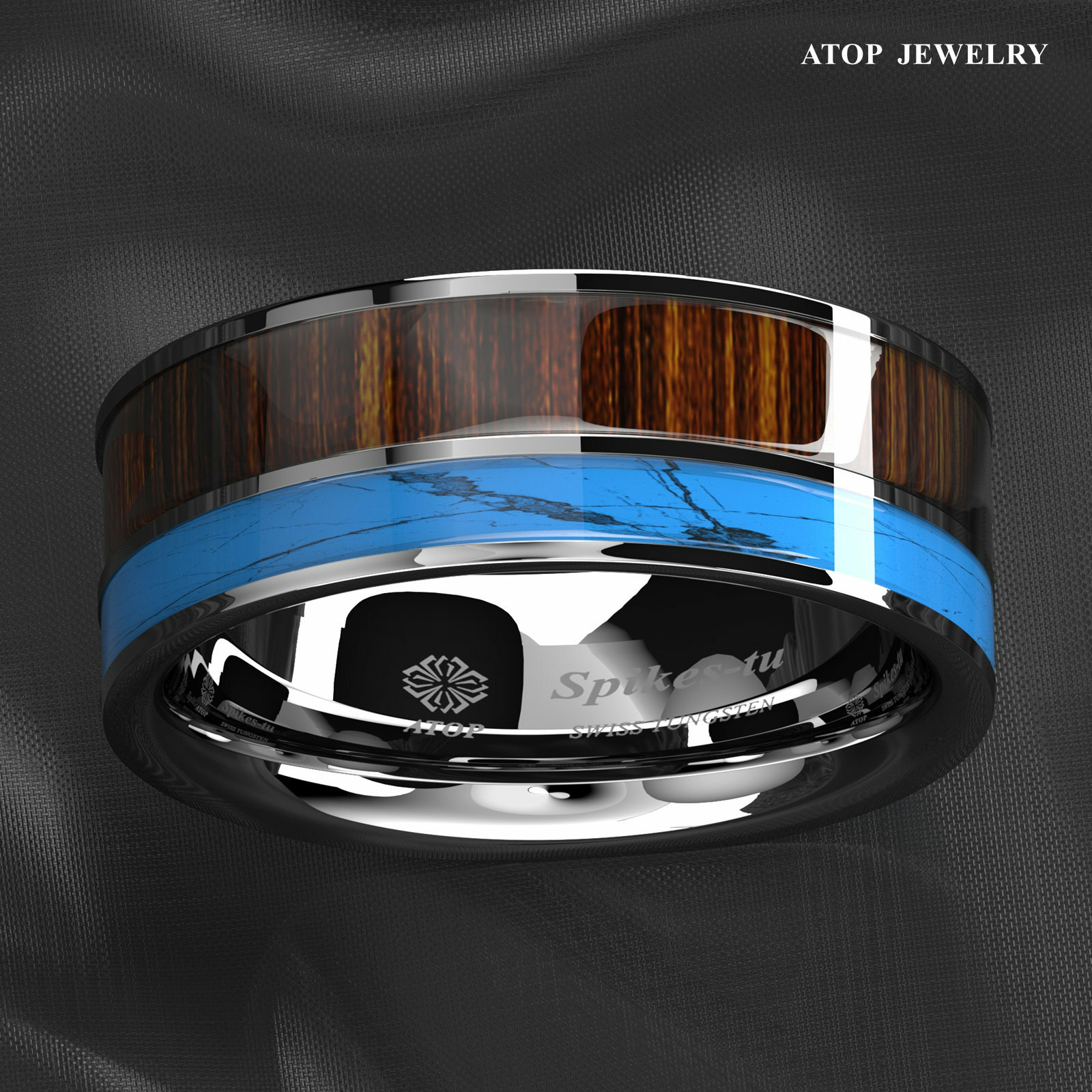 8mm Tungsten Men’s Ring Silver Turquoise & Koa Wood Wedding Band ATOP Jewelry