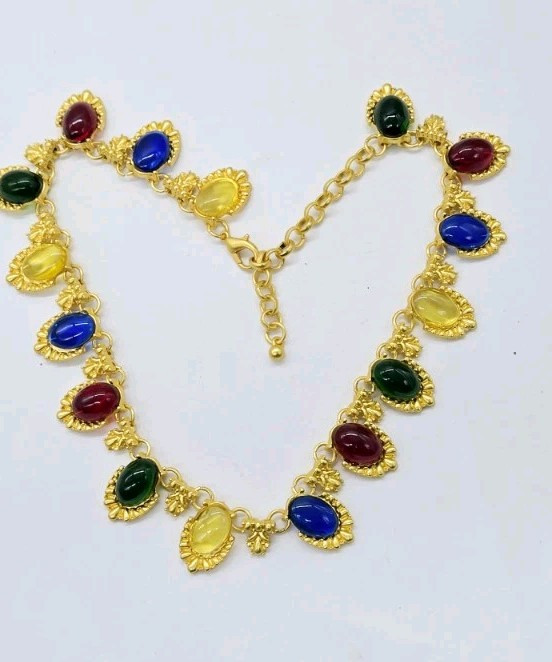 Gripoix Style Necklace Red Yellow Blue Green Matte Gold Tone Poured Resin 17 in