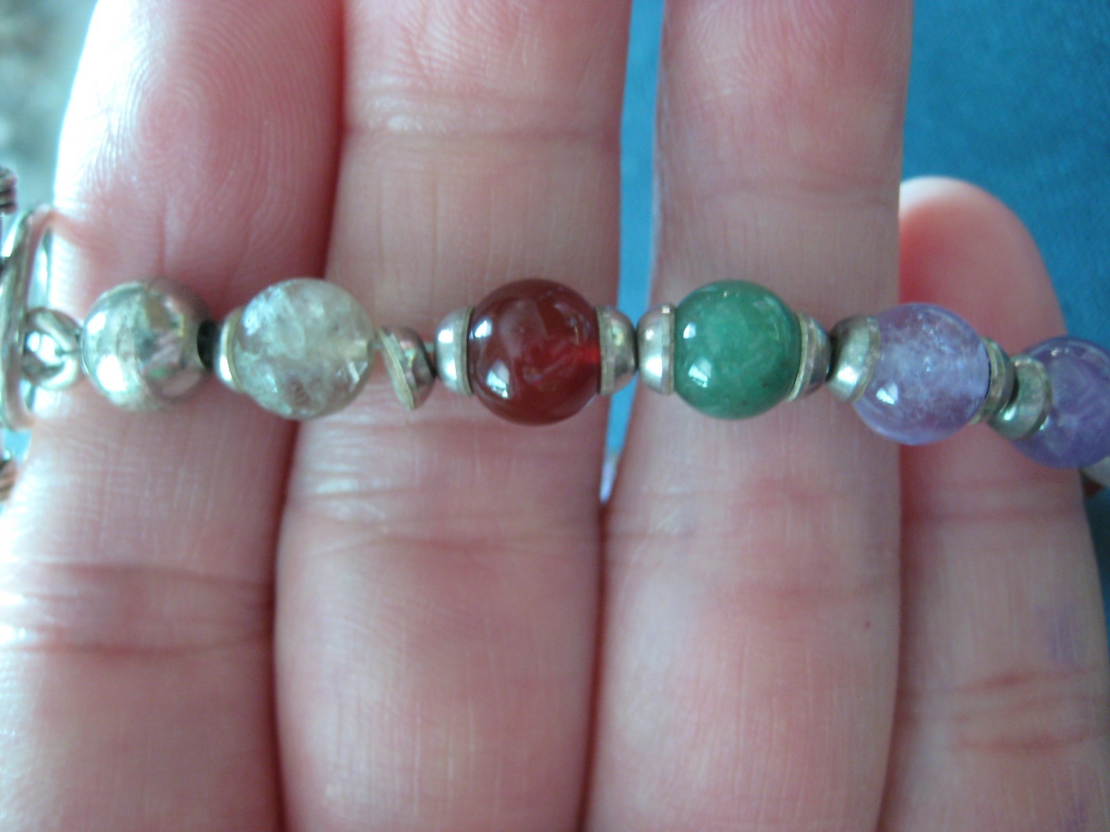Sterling Silver Multi Bead Gemstone Toggle Clasp Bracelet 7.5″ (C9)