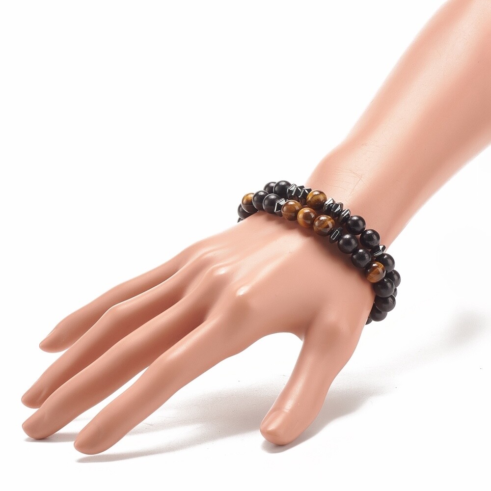 2pcs Energy Healing Stretch Bracelet Hematite Tiger Eye for Men Women Bead T56