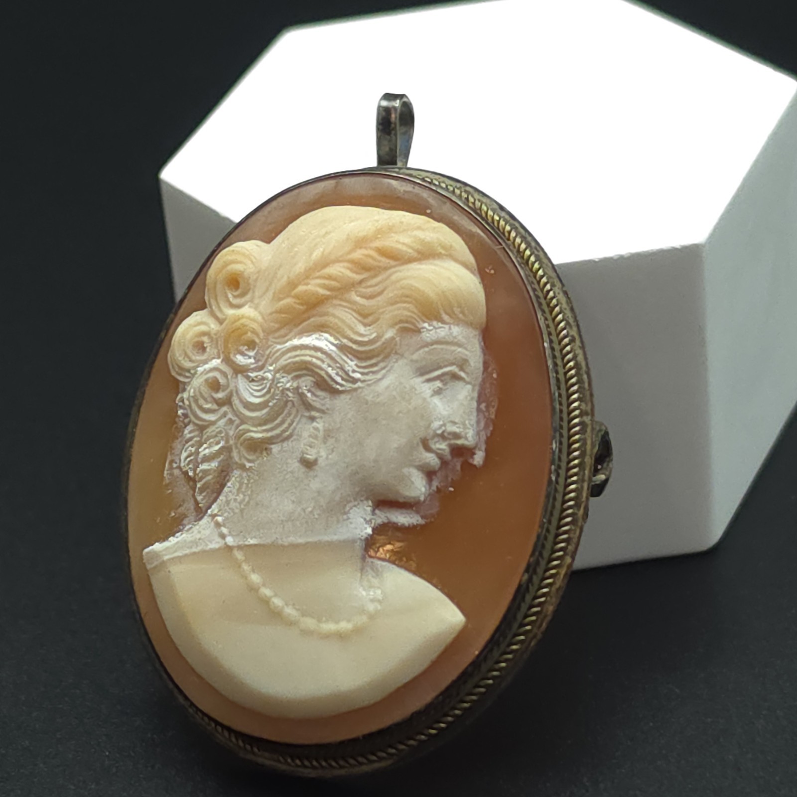 Antique 900 Silver Hand Carved Shell Cameo Brooch Pendant Convertible