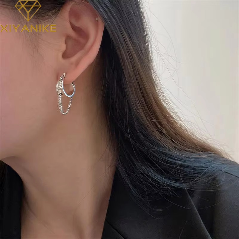 925 Sterling Silver Chunky Chain Hoop Earrings Minimalist Dangle Huggie Women Gi