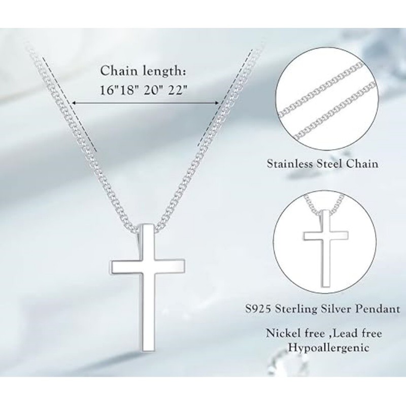 Cross Necklace for Men,Silver Stainless Steel Plain Cross Pendant Necklace