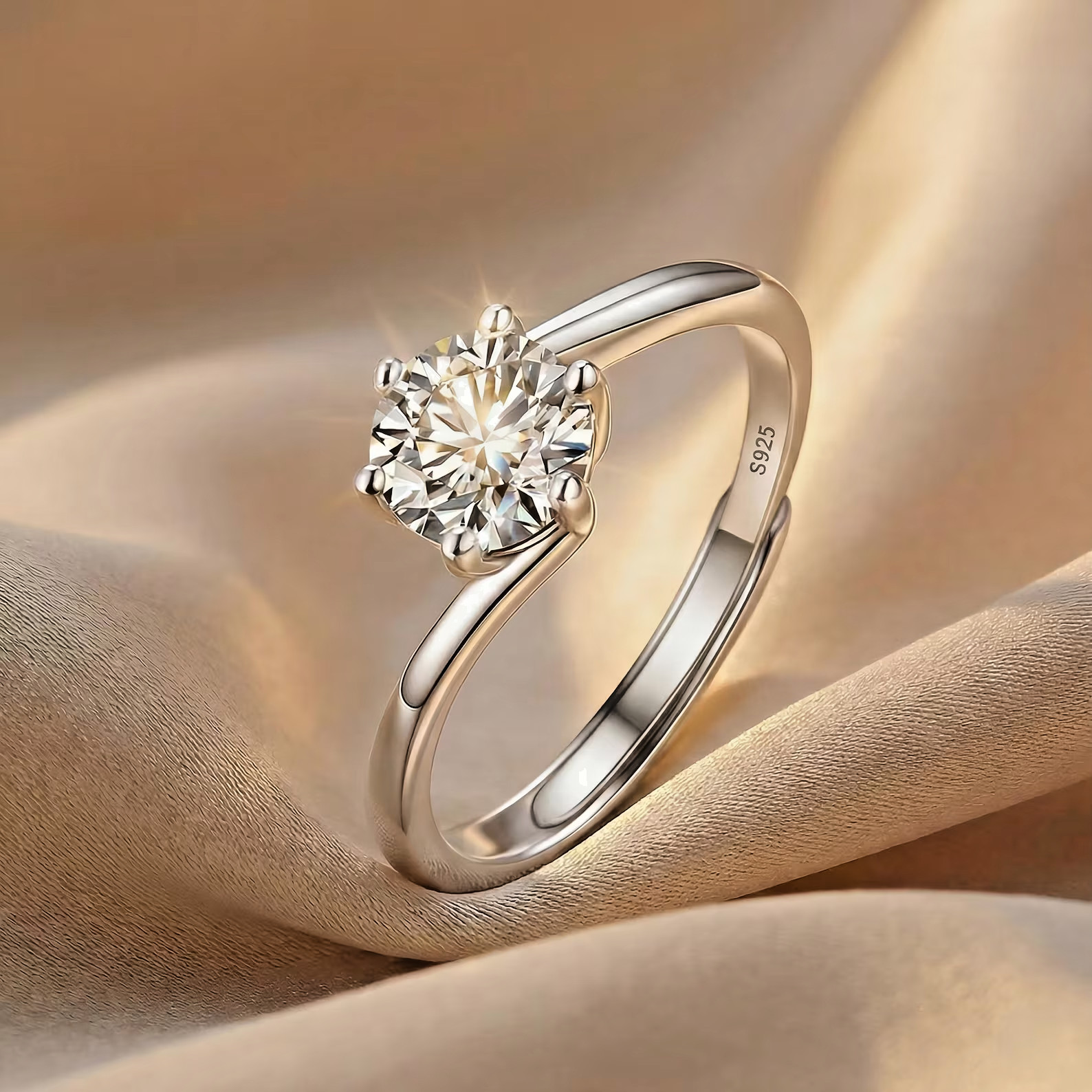 925 Silver Diamond Moissanite Solitaire Ring Women Adjustable Minimalist Gift
