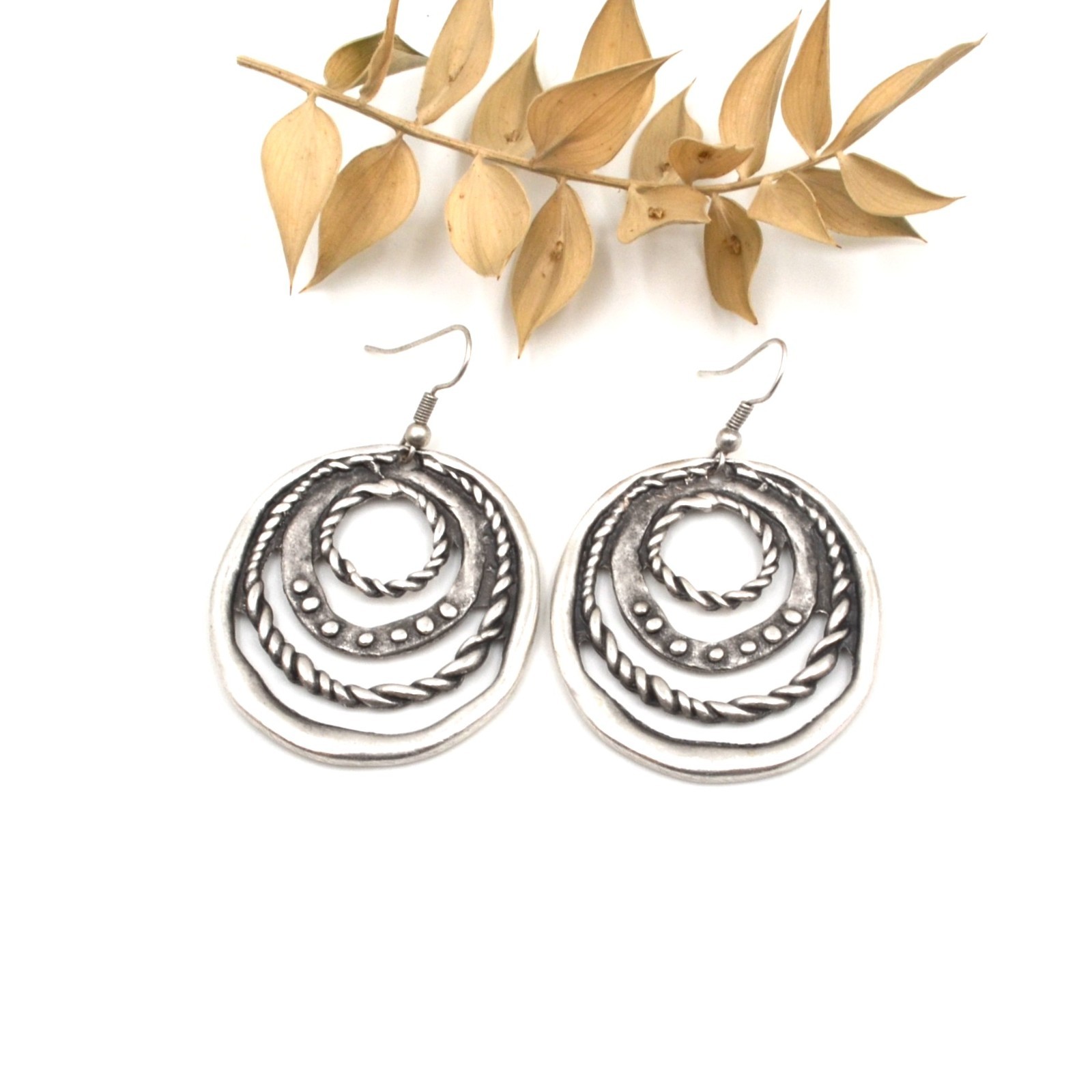 Ancient Silver Labyrinth Hoop Dangle Earrings Boho Tribal Concentric Circles